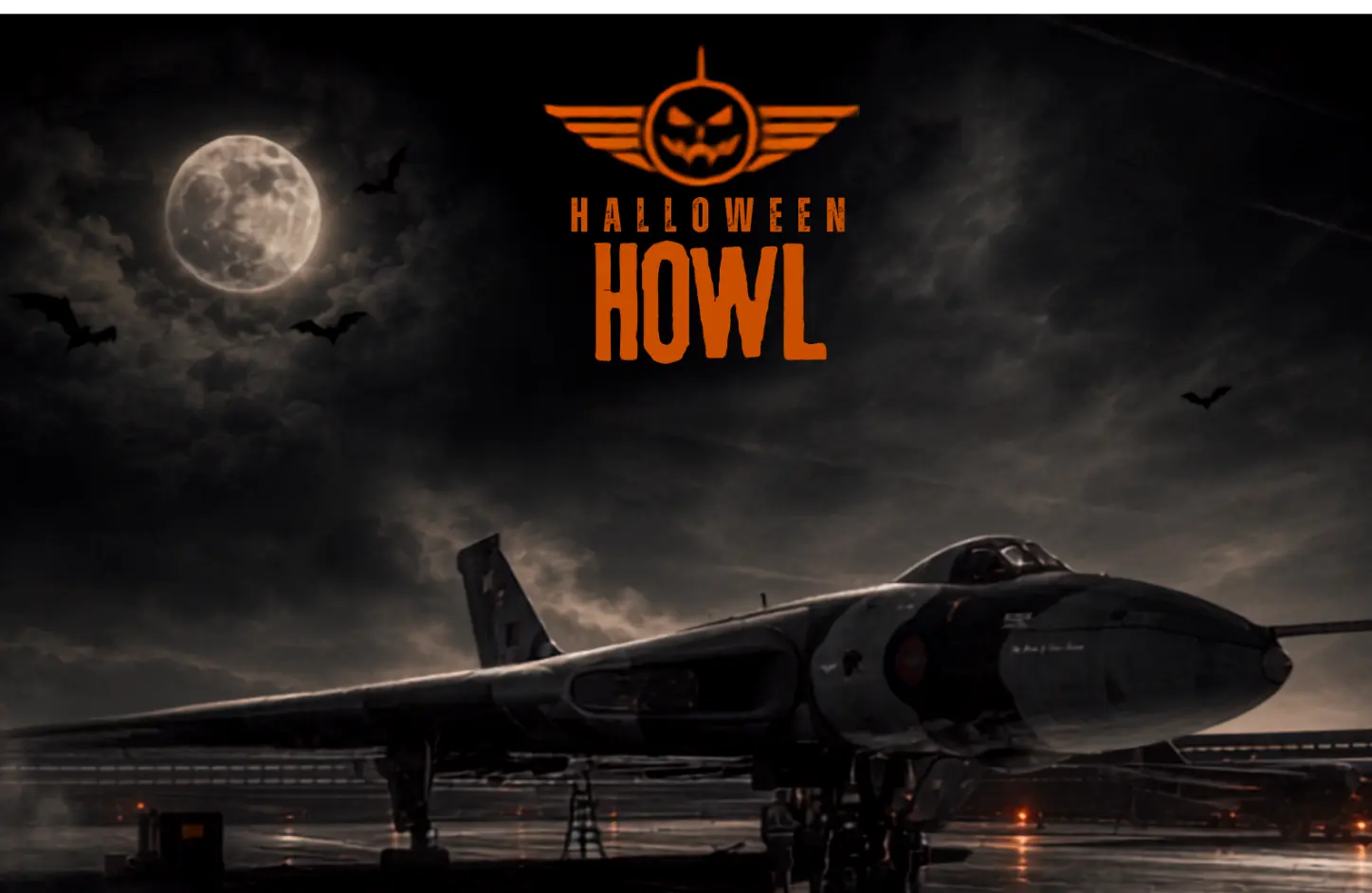Halloween Howl event poster featuring the Avro Vulcan XH558 aircraft against a full moon and dark background.
