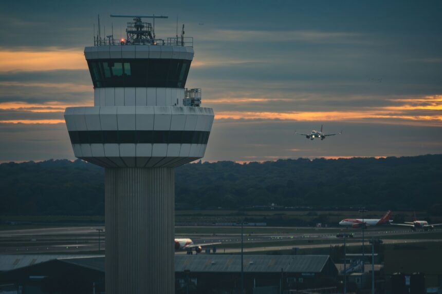 An air control tower at an airport is pictured against a cloudy sky with bright orange light peeking through the clouds. The tower looks out across the airport and beyond hills and trees can be seen.