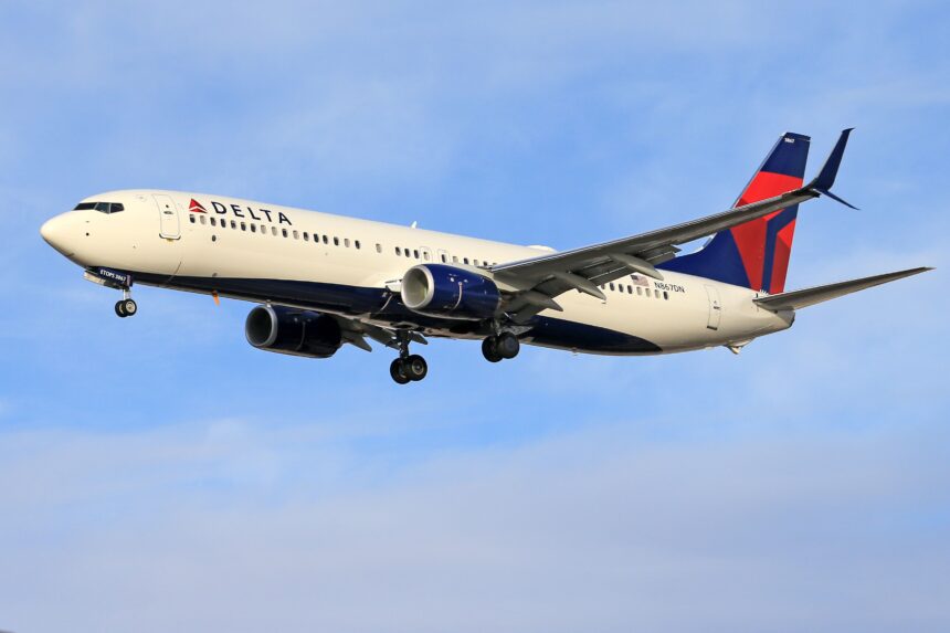 A Delta Air Lines commercial passenger plane, flying under a clear blue sky with its landing gear deployed.