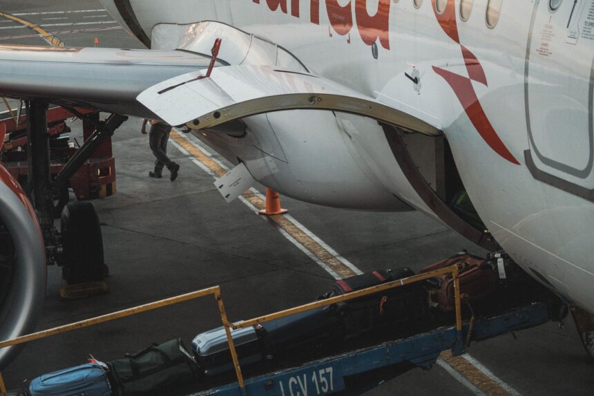 Ground crew loading baggage into the cargo hold of a passenger aircraft