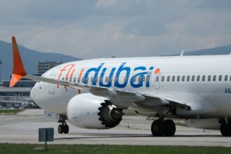 flydubai plane in an airport runway