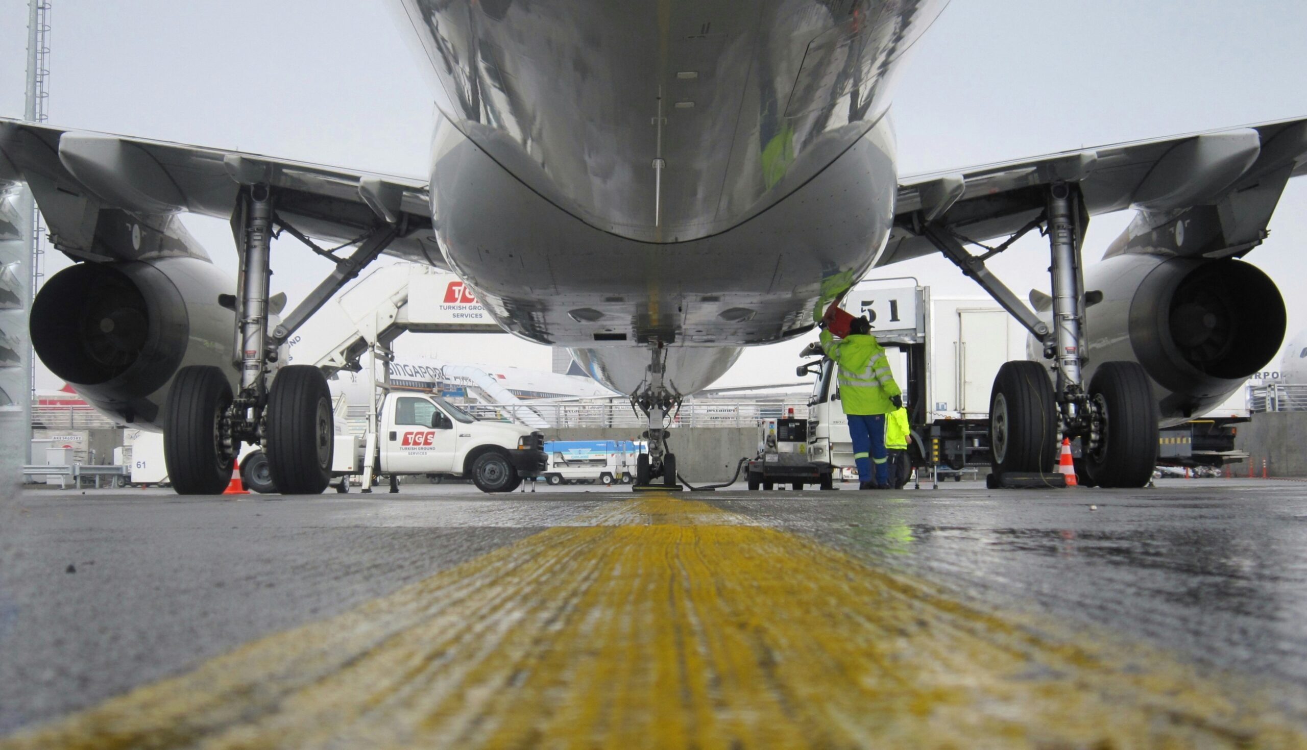 Wheel of an aircraft stationed at tarmac