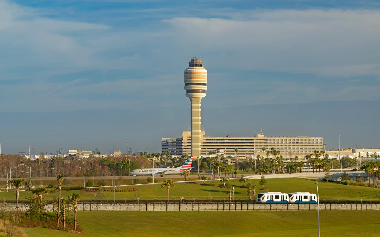 The control tower and terminal buildings at Orlando International Airport
