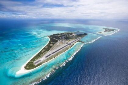 Aerial view of Midway Atoll, showcasing the island's runway and surrounding turquoise waters.