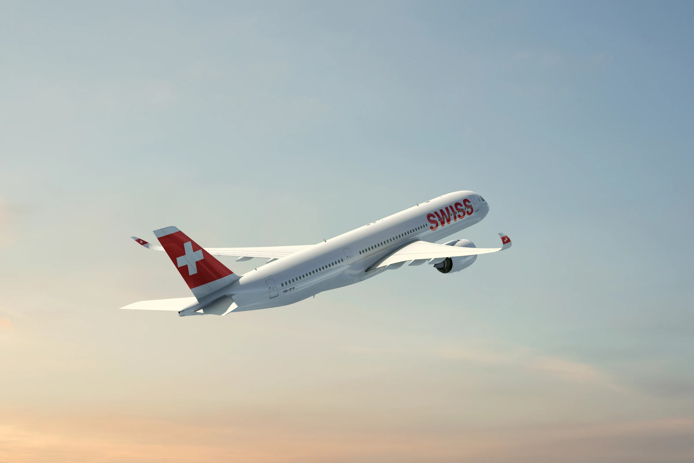 An image of a rendering of a SWISS Airline Airbus A350 aircraft