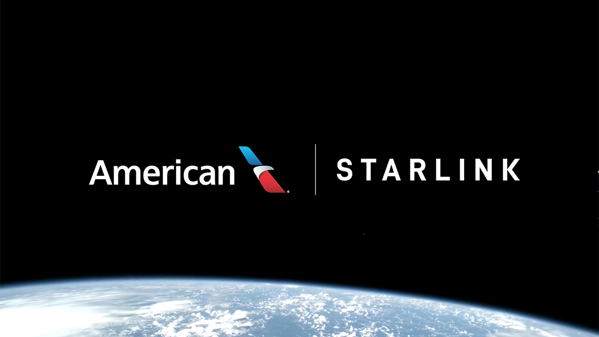 Photograph depicting American Airlines' company logo and Starlink company logo against the backdrop of space with an overview of the Earth.