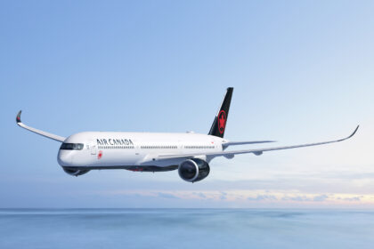 Photograph depicting the Air Canada A350-1000 flying above the clouds.