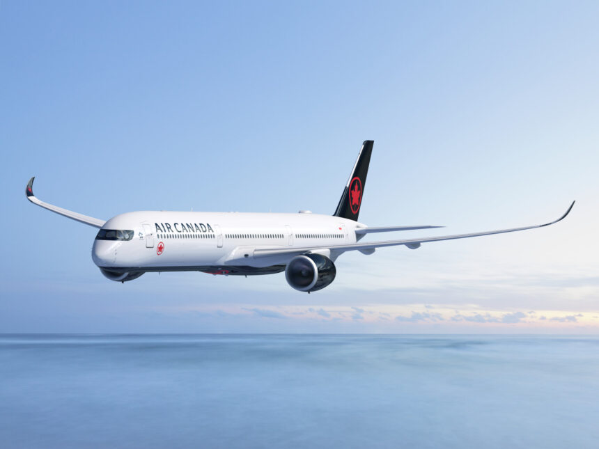 Photograph depicting the Air Canada A350-1000 flying above the clouds.