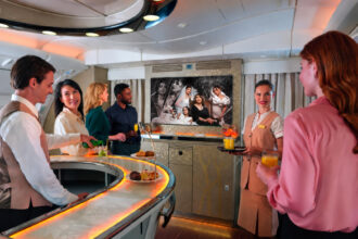 Photograph depicting Emirates passengers enjoying Dubai+ at the first and business class onboard lounge - a dedicated selection of Emirati and regional entertainment available through the airline’s award-winning ice inflight entertainment system.