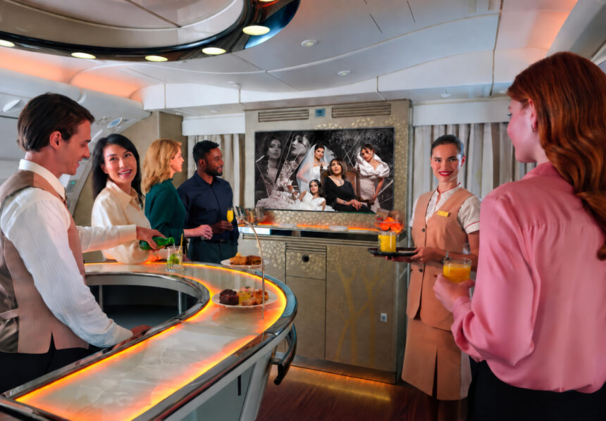 Photograph depicting Emirates passengers enjoying Dubai+ at the first and business class onboard lounge - a dedicated selection of Emirati and regional entertainment available through the airline’s award-winning ice inflight entertainment system.