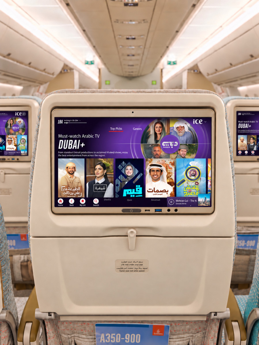 Photograph depicting the interior of an Emirates aircraft. The Emirates ice in-flight entertainment is shown on a screen on the back of a seat, featuring Dubai+, Emirati-based entertainment. 