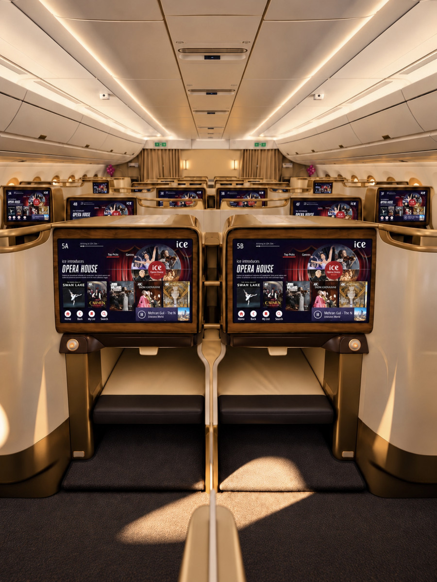 Photograph depicting ice in-flight entertainment screen in Emirates' Business Class and featuring ice's Opera offering.