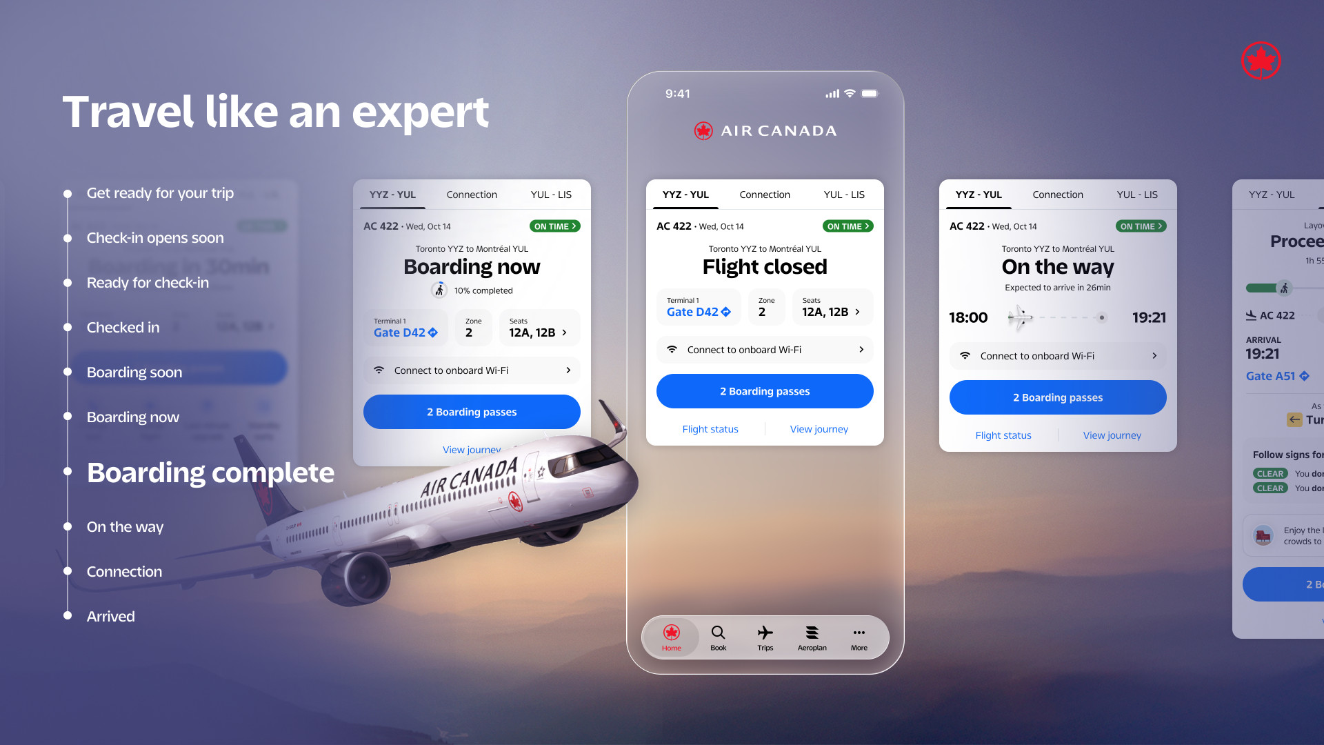 Photograph depicting how the Air Canada mobile app helps you travel like an expert by providing updates on your travel journey.