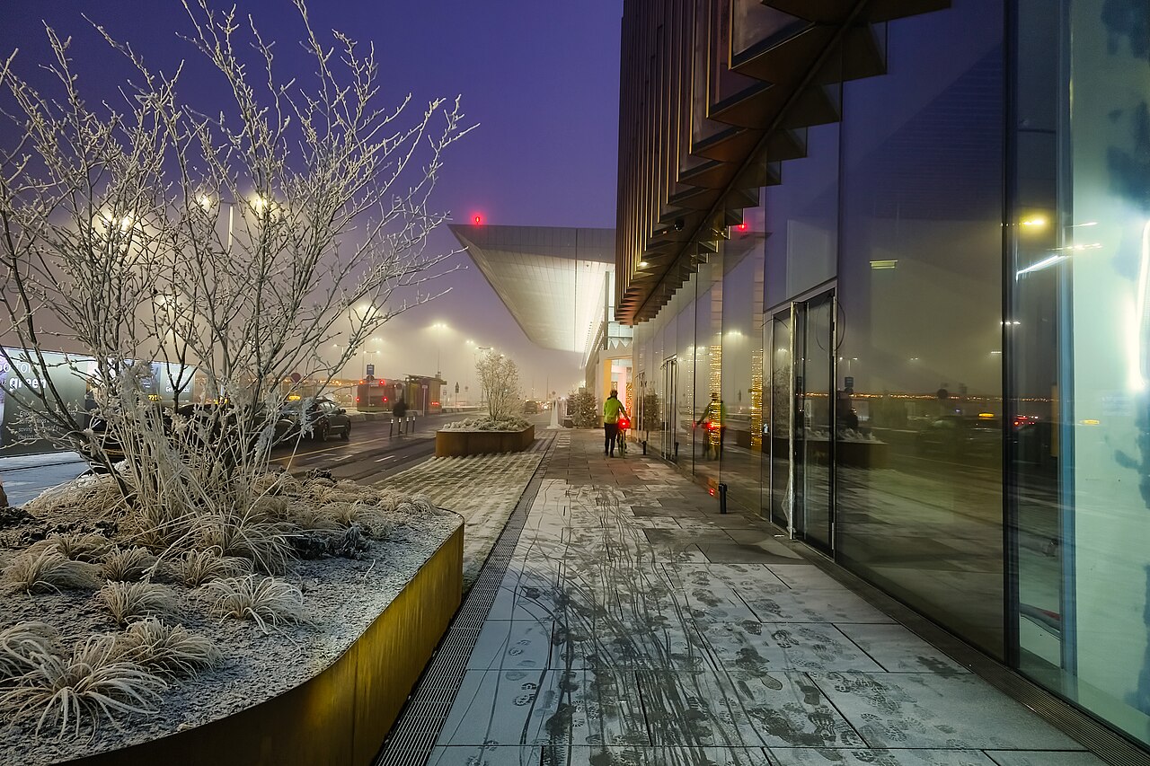 Exterior of Luxembourg Airport terminal on a frosty winter evening