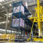 Inside a large warehouse, a tall yellow crane runs beside blue multi-level racking holding wrapped cargo pallets, with yellow safety fencing at left