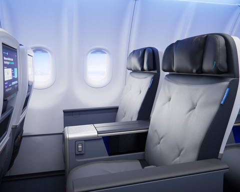 JetBlue BlueFirst's seats viewed from the aisle looking towards the window.