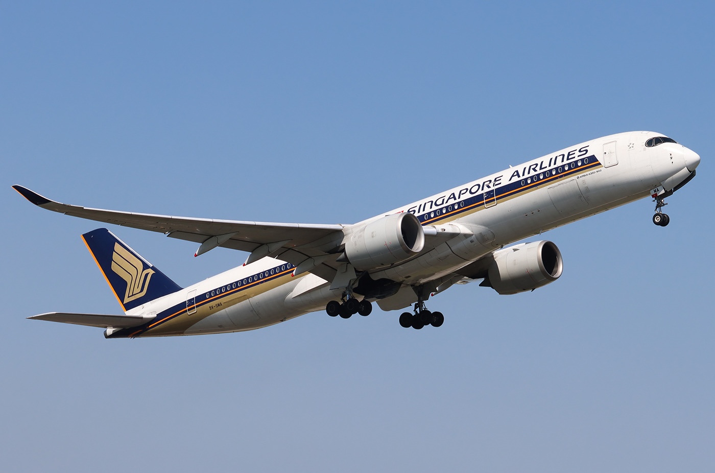 A Singapore Airlines Airbus A350-941 in the air.