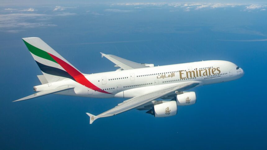 Photograph depicting Emirates A380 flying high above the clouds.