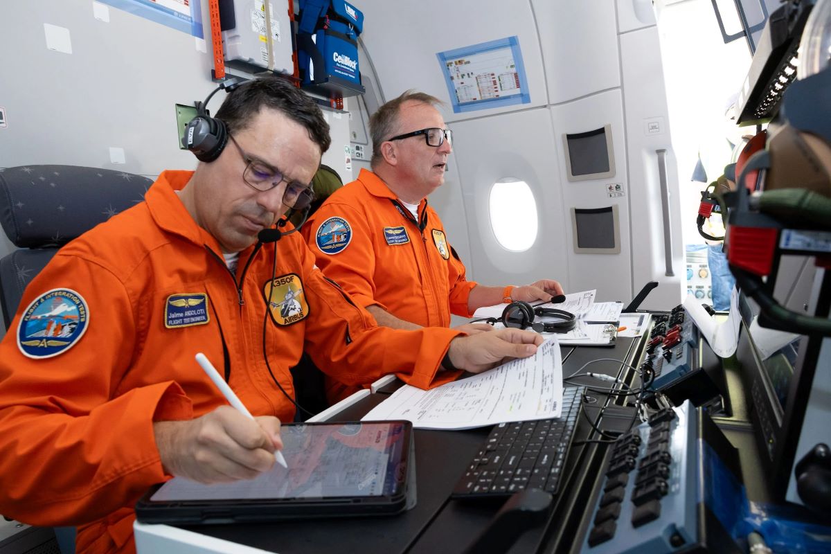 The flight crew of the Airbus A350F freighter during takeoff, both pilots are seated together in the cockpit, dressed in orange jumpsuits. One of the pilots is looking downwards, writing on an iPad, whilst the other is facing forwards, engaged in takeoff preparations.