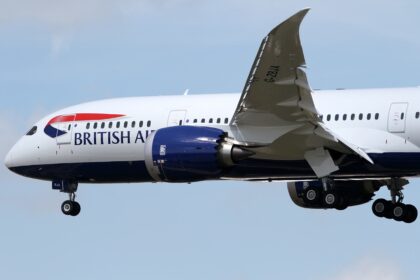 Head of a British Airways Boeing 787-8 Dreamliner in the sky with its landing gear still extended.