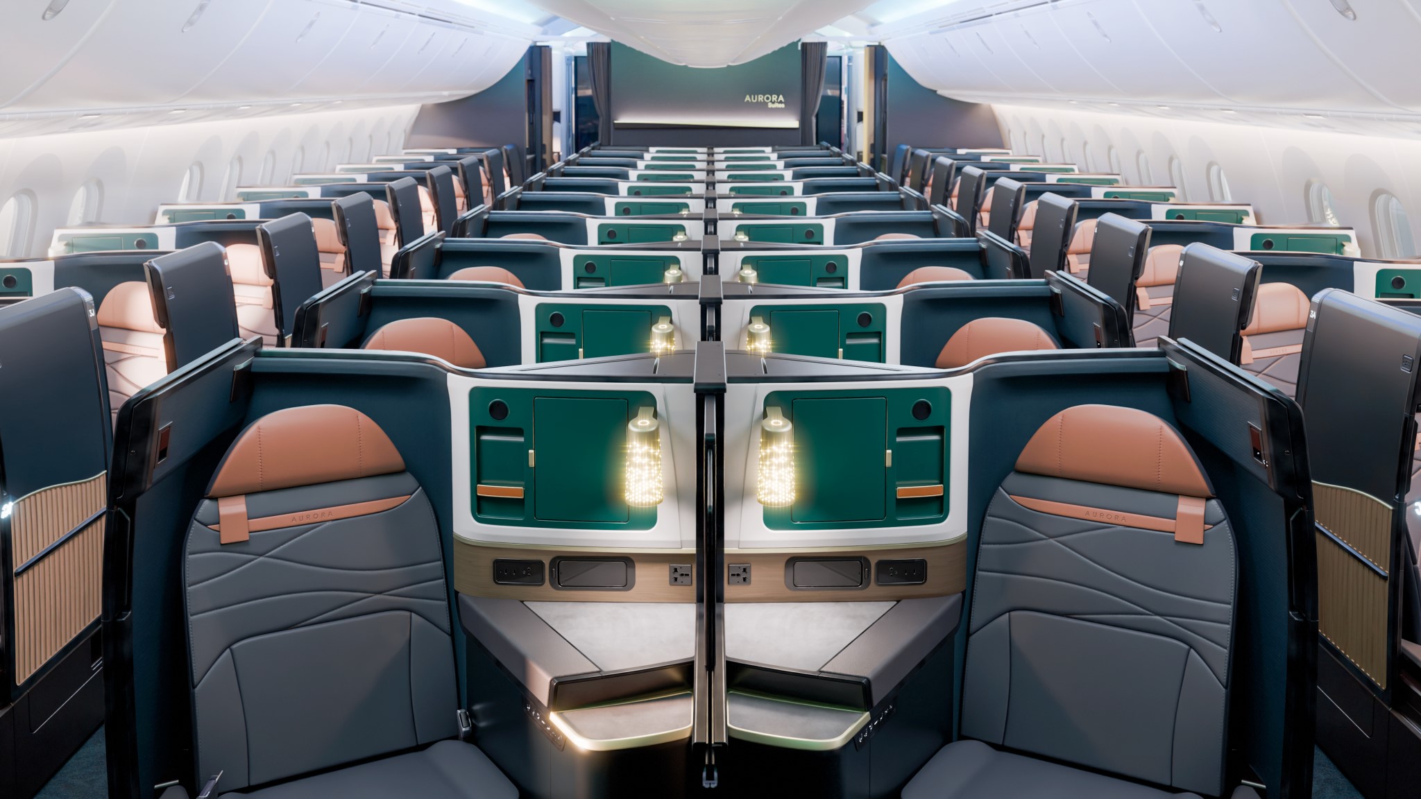 The new cabins in premium class feature a dark exterior with details of deep green and burnt orange on the seating and space between cabins. There are wood elements added to the sides and a warm, twinkly light placed next to each spacious seat.