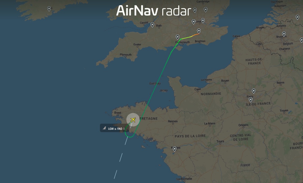 AirNav Radar flight map for BA2660 showing diversion back to Gatwick where it departed from © AirNav Radar
