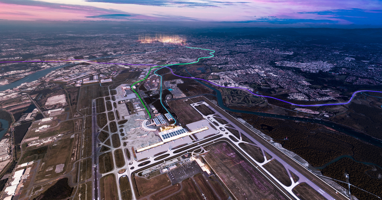 A drone image depicting an outlined plan for Brisbane Airports's Terminal 3. The sky is red and blue.