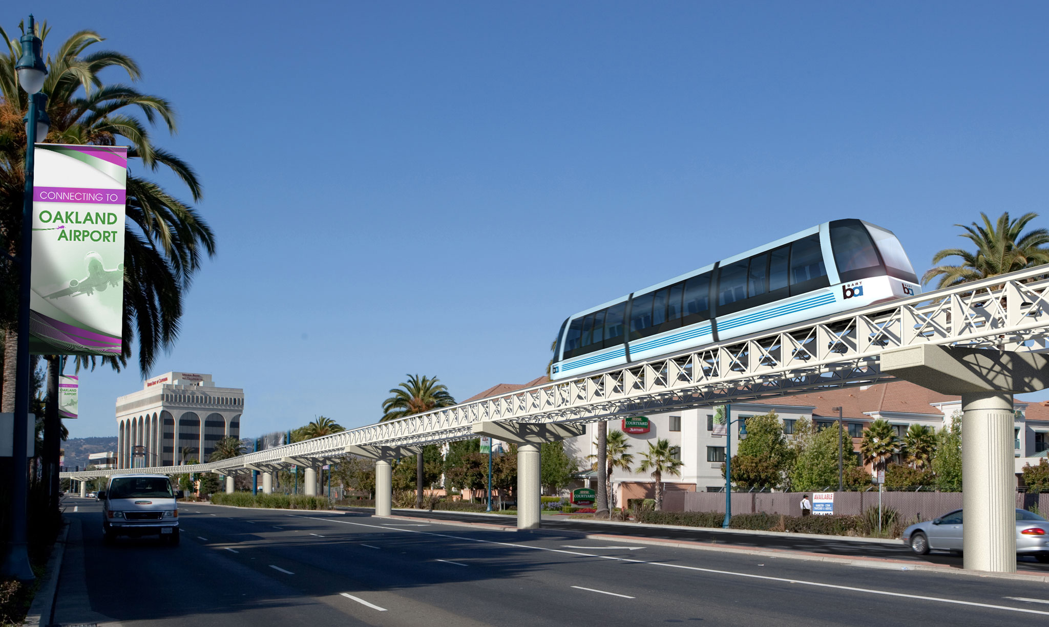Photograph shows an elevated automated transit train crossing a pedestrian bridge along a palm-lined urban boulevard near Oakland Airport. Blue-and-white train, white steel guideway, airport banners, roadway traffic, and clear blue sky establish a transportation connection between city and airport.