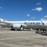Photograph depicting the exterior of the American Airlines Boeing 787-9 on the runway.