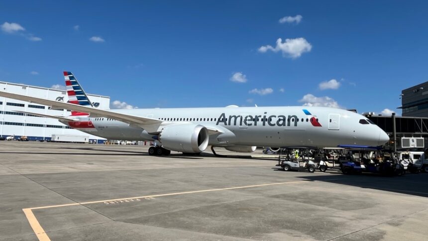 Photograph depicting the exterior of the American Airlines Boeing 787-9 on the runway.