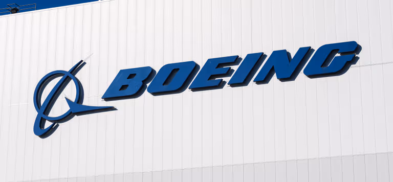 Photo of the Boeing logo on a wall