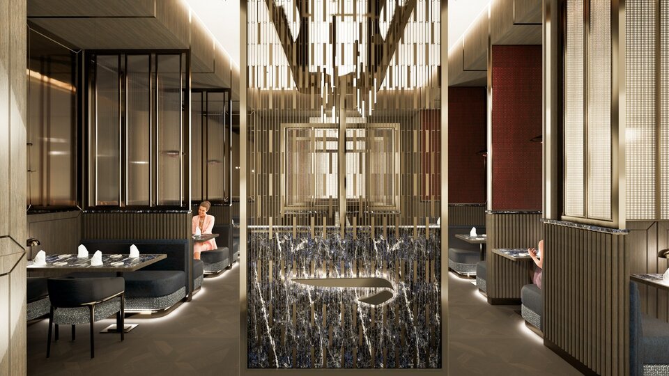 Photograph depicting British Airways arrivals airport lounge with women seated in the dining area.