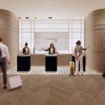 Photograph depicting the entrance and entrance desk of British Airways' Terminal 5 airport lounge.