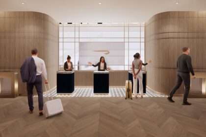 Photograph depicting the entrance and entrance desk of British Airways' Terminal 5 airport lounge.
