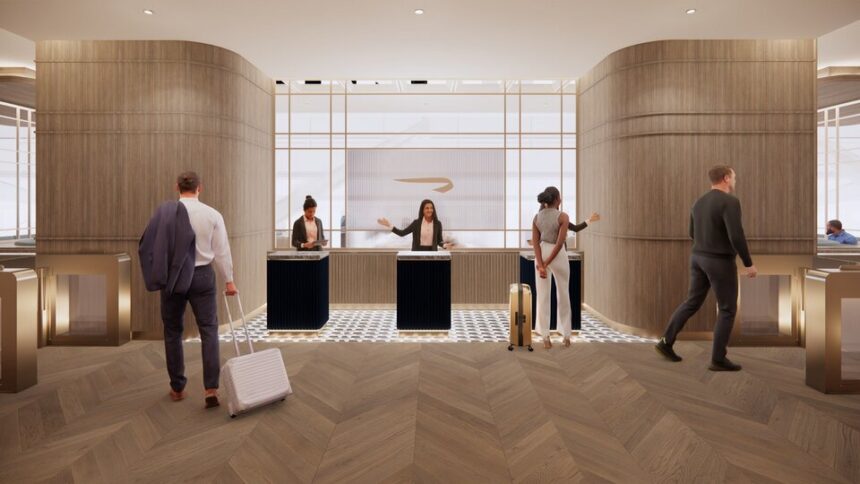 Photograph depicting the entrance and entrance desk of British Airways' Terminal 5 airport lounge.