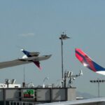 Image of the Delta Airbus A350 wingtip stuck in the Air Canada Boeing 777 right stabiliser.