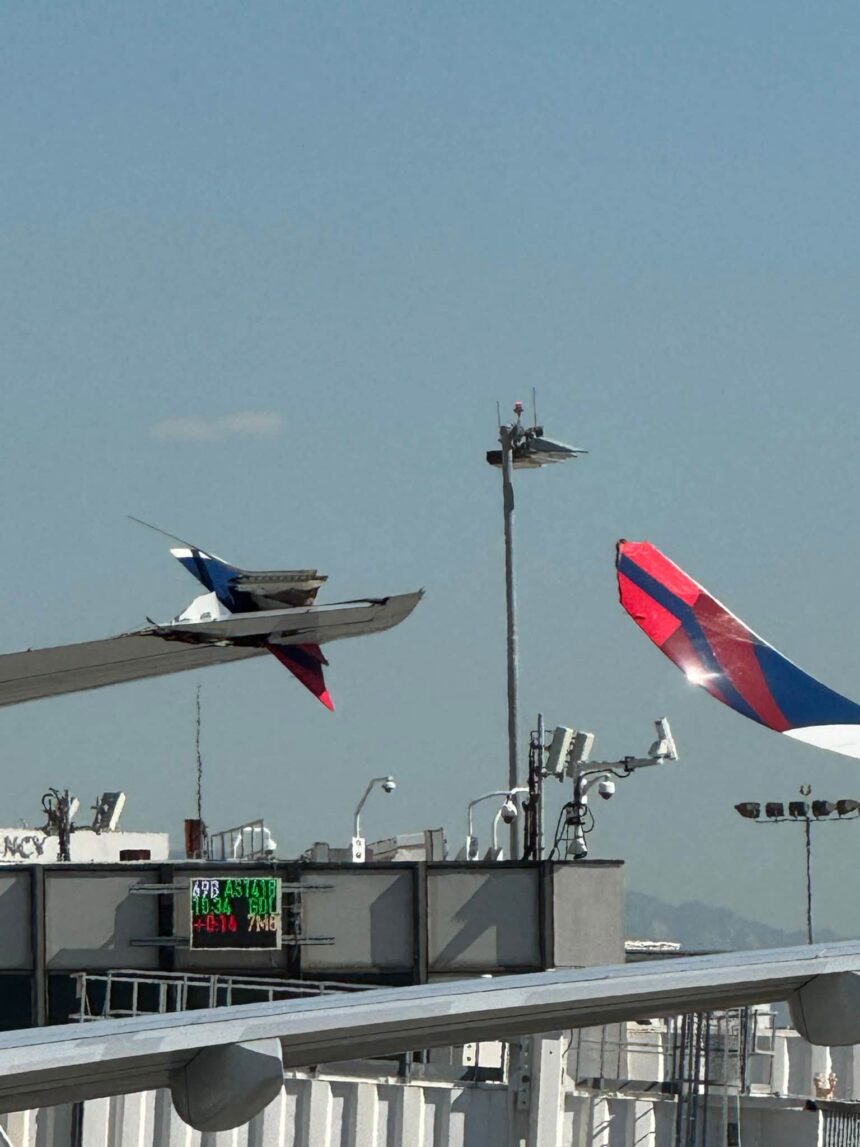 Image of the Delta Airbus A350 wingtip stuck in the Air Canada Boeing 777 right stabiliser.