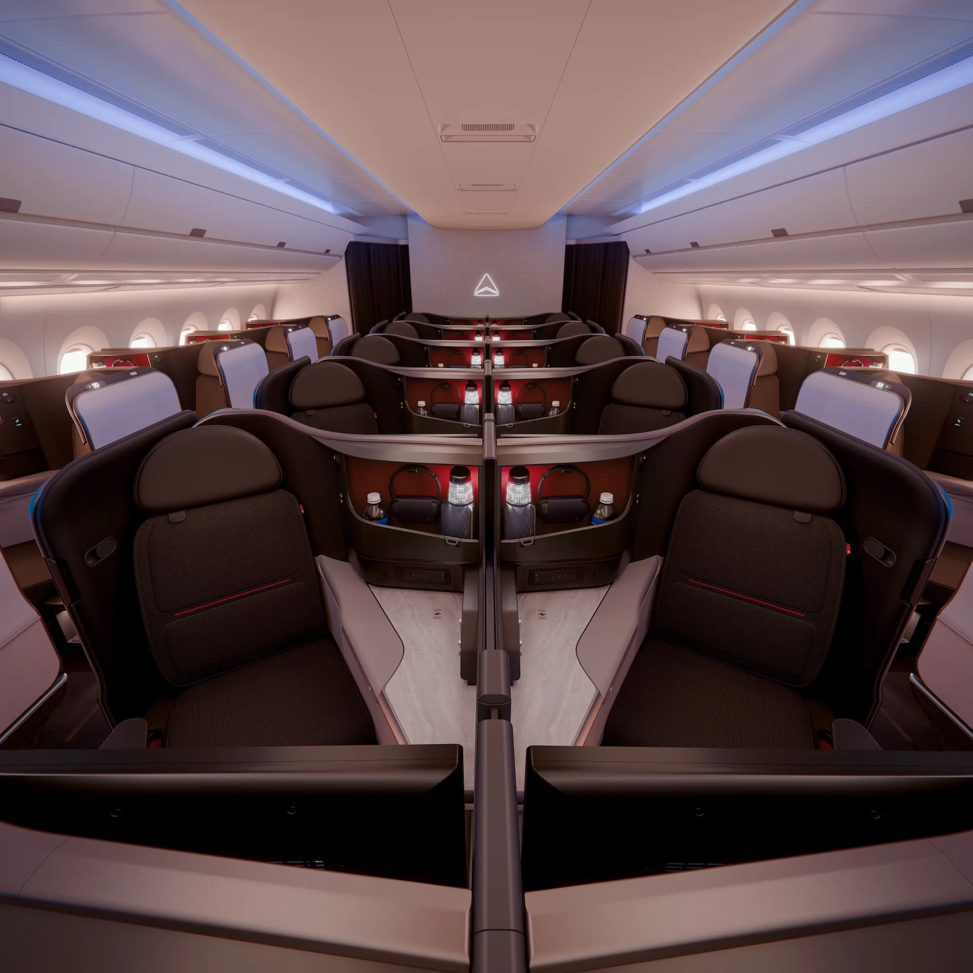 Inside of a Delta aircraft featuring Delta's new Delta One suites to be available next year on the Airbus A350-1000.