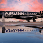 Airlink Embraer regional jet parked on an airport apron at sunset, with the aircraft's reflection visible in a large puddle on the tarmac.