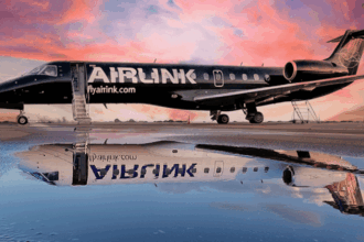 Airlink Embraer regional jet parked on an airport apron at sunset, with the aircraft's reflection visible in a large puddle on the tarmac.
