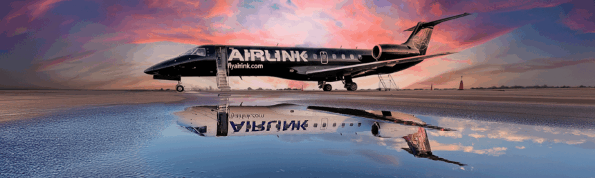 Airlink Embraer regional jet parked on an airport apron at sunset, with the aircraft's reflection visible in a large puddle on the tarmac.