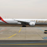 An Emirates Boeing 777-300ER parked at Frankfurt Airport
