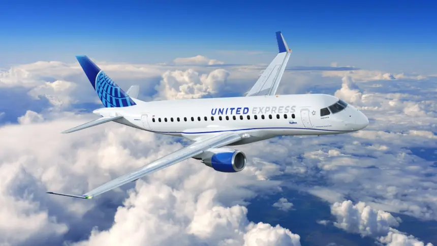 A blue and white Embraer E175 jet in the livery of United Airlines. The jet is flying over a layer of cloud.
