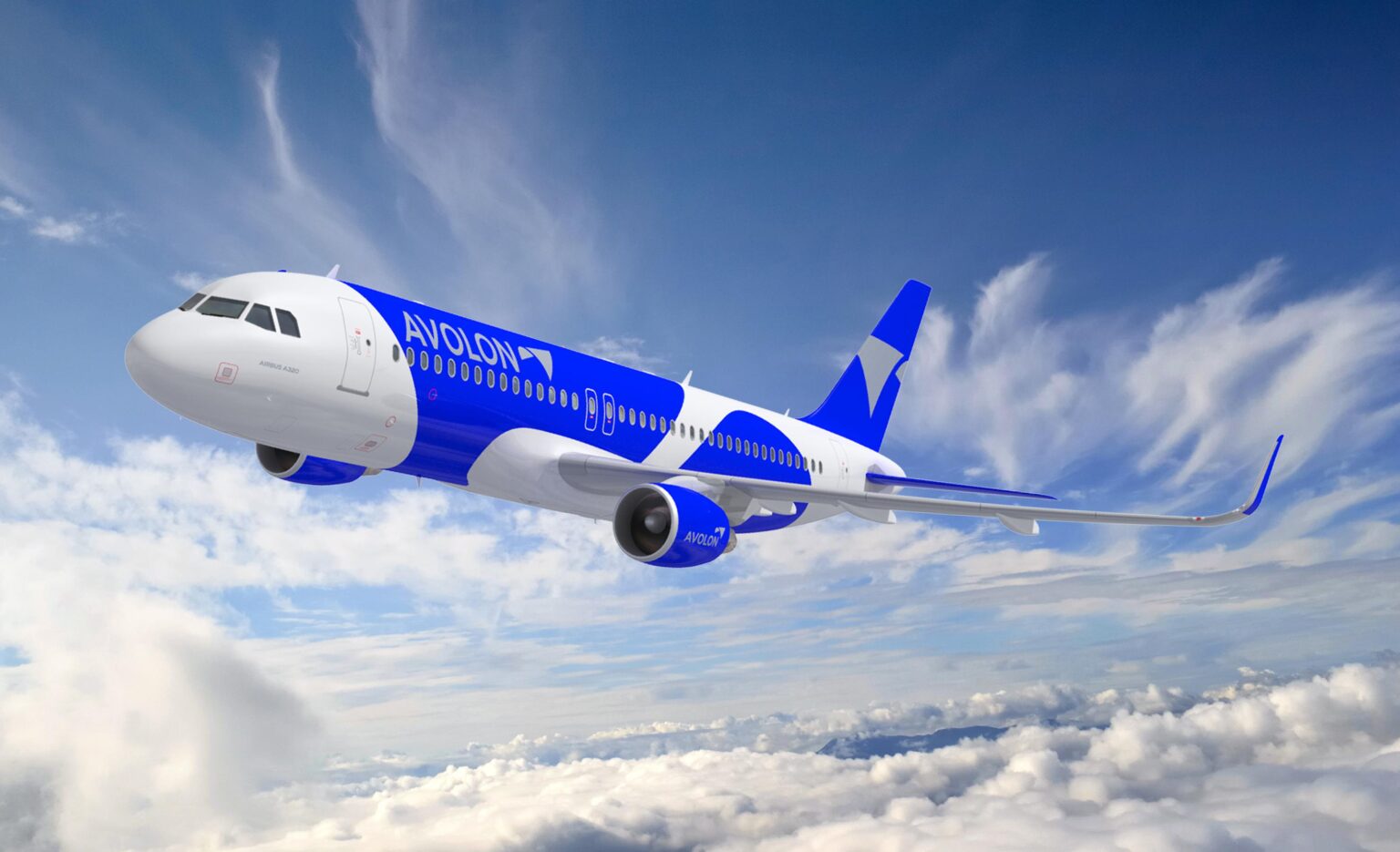 A blue and white jet in the livery of Avolon flying in front of a cloudy sky.