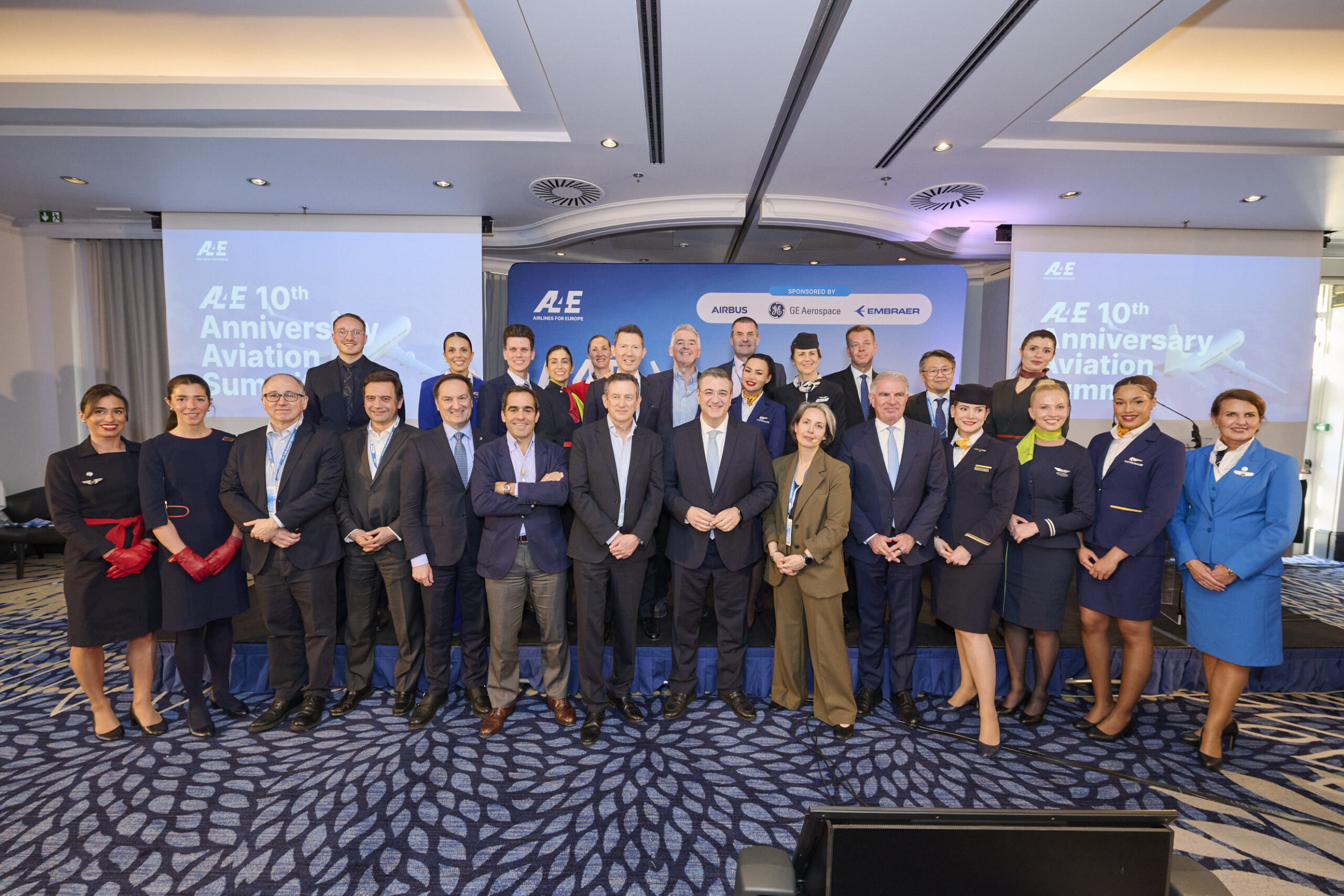 A group of airline leaders posing for a photo at the Airlines for Europe conference.