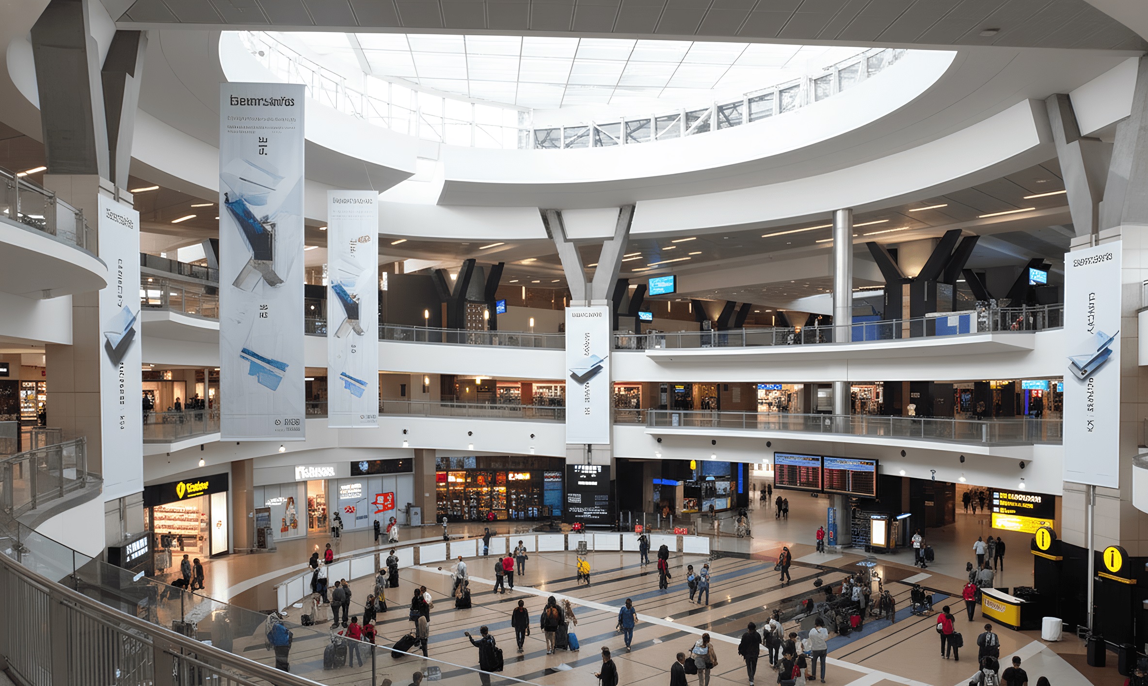 A bustling terminal building at O.R. Tambo International Airport (JNB). People are shown crossing the terminal building, which is illuminated by a sky light.