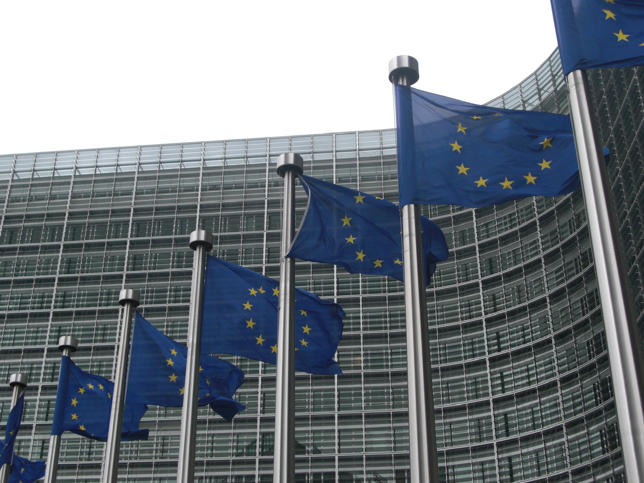 A row of European Union flags flying in front of the EU commission in Brussels.