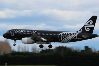 A black and white Air New Zealand jet flying above a line of dark green trees.