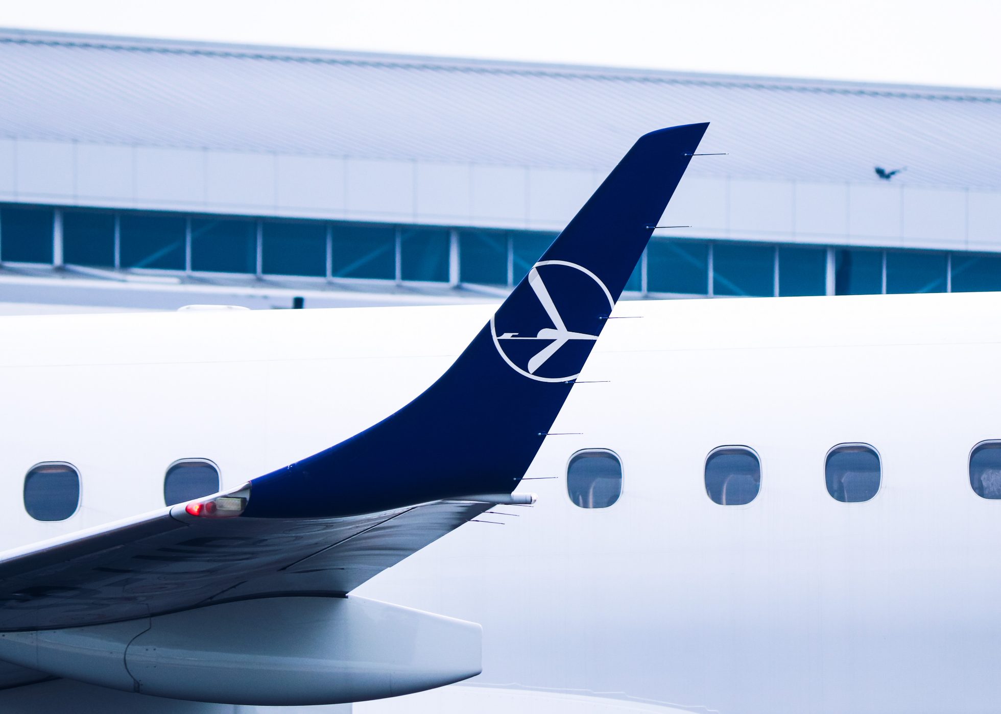The blue winglet of a LOT Polish Airlines jet, shown in front of the aircraft’s white body.