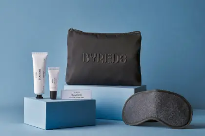 Singapore Airlines' new amenity kit for business class made in partnership with BYREDO, featuring a zip pouch with BYREDO's logo, three BYREDO products and an eye mask.